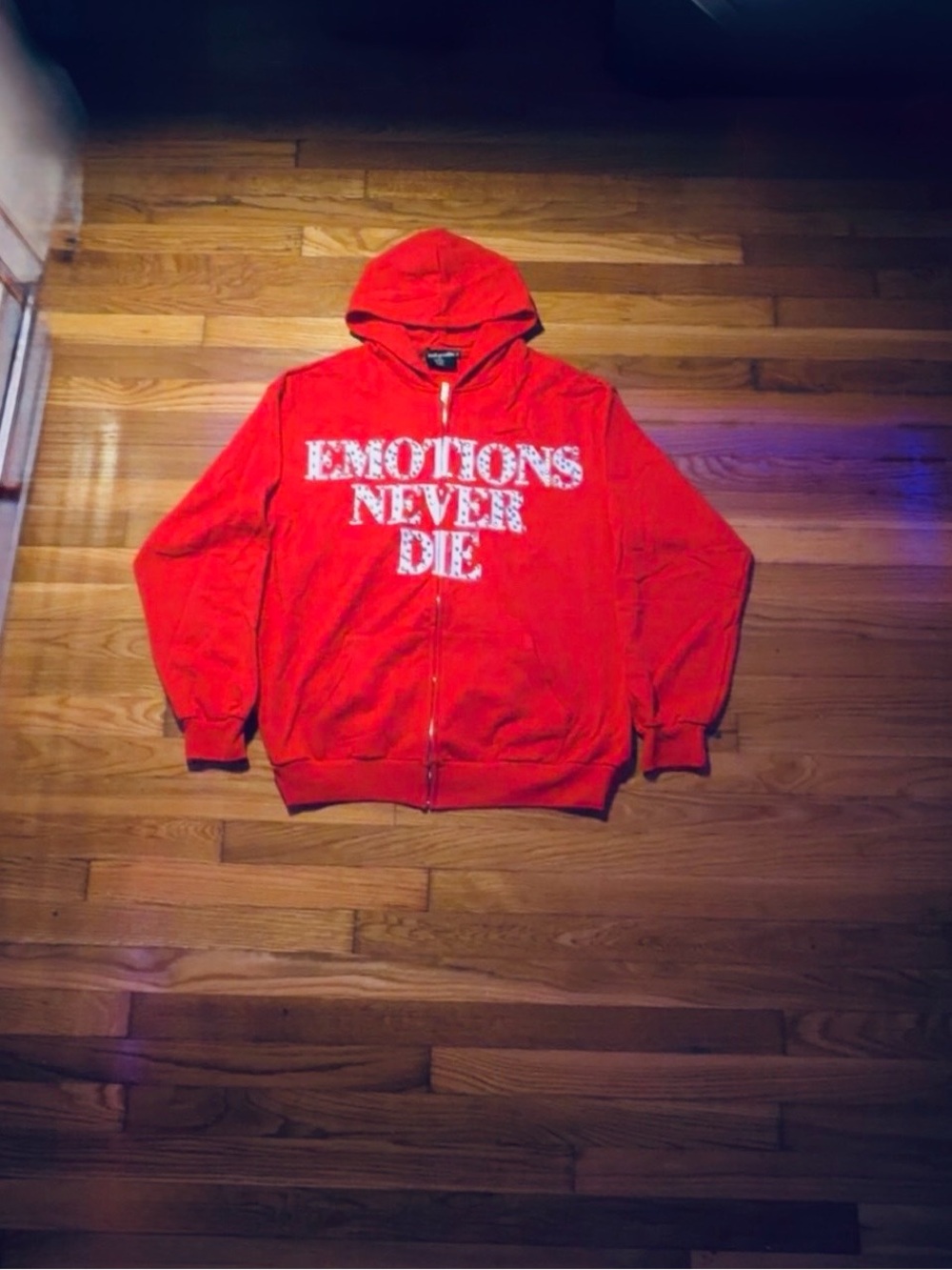 Red Zip-Up Hoodie 'EMOTIONS NEVER DIE' MIXED EMOTIONS